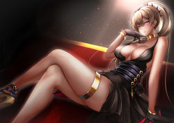 Rule 34 | 1girl, absurdres, alternate breast size, azur lane, backless dress, backless outfit, bare shoulders, black dress, black footwear, black gloves, blush, bracelet, breasts, brown hair, choker, cleavage, collarbone, commentary request, crossed legs, dress, earrings, gloves, gold bracelet, gold choker, hair between eyes, hair ornament, halterneck, hand on own chin, high heels, highres, jean bart (azur lane), jean bart (uninhibited bloodstone) (azur lane), jewelry, large breasts, light blush, long hair, pink eyes, rai (newtype xm-x1), sitting, solo, thigh strap, thighs