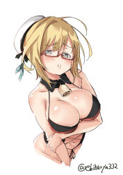 Rule 34 | 1girl, ahoge, arm under breasts, bare shoulders, bell, blonde hair, blush, breast hold, breasts, choker, cleavage, collarbone, commentary request, ebifurya, glasses, grey eyes, hair between eyes, hair ribbon, hat, highres, i-8 (kancolle), kantai collection, large breasts, long hair, looking at viewer, low twintails, navel, open mouth, peaked cap, ribbon, sailor hat, semi-rimless eyewear, simple background, solo, standing, twintails, under-rim eyewear, underwear, white background