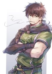 Rule 34 | 1boy, absurdres, beard stubble, belt, black belt, black cape, border, brown eyes, brown hair, cape, cigarette, facial hair, fate/grand order, fate (series), gauntlets, goatee, green tunic, grey background, hector (fate), highres, long hair, male focus, ponytail, smoke, stubble, tumikilondon5, white border