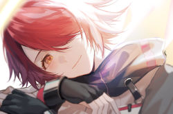 Rule 34 | 1girl, arknights, black gloves, blush, closed mouth, detached wings, energy wings, exusiai (arknights), fingerless gloves, gloves, hair over one eye, halo, highres, kawausoman, looking at viewer, orange eyes, red hair, short hair, simple background, smile, solo, upper body, white background, wings