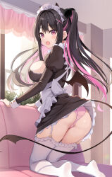 Rule 34 | 1girl, absurdres, apron, ass, black dress, black hair, breasts, demon girl, demon horns, demon tail, dress, frilled dress, frilled thighhighs, frills, garter straps, highres, horns, juliet sleeves, kneeling, large breasts, long sleeves, looking back, maid, maid apron, maid headdress, multicolored hair, no shoes, open mouth, original, oryo (oryo04), panties, pink eyes, pink panties, puffy sleeves, short dress, sideboob, sidelocks, solo, streaked hair, tail, thighhighs, thighs, twintails, two-tone hair, underwear, wedgie, white thighhighs