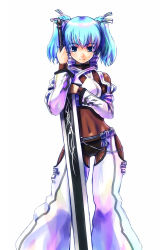 Rule 34 | 1girl, blue eyes, blue hair, huge weapon, matching hair/eyes, navel, refeia, short hair, simple background, smile, solo, sword, twintails, weapon, white background, white theme