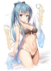 Rule 34 | 10s, 1girl, alternate hair length, alternate hairstyle, bikini, black bikini, black bow, blue hair, blush, bow, breasts, cleavage, closed mouth, collarbone, floral print, front-tie bikini top, front-tie top, hair between eyes, hair bow, hair ornament, hairclip, hand up, holding, kantai collection, large breasts, legs together, long hair, looking at viewer, mole, mole under eye, navel, ponytail, shawl, smile, solo, suzuya (kancolle), swimsuit, tsurime, very long hair, wading, water drop, xe (execut3r)