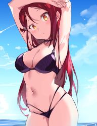 Rule 34 | 10s, 1girl, absurdres, armpits, arms up, bad id, bad twitter id, bikini, blue sky, blush, bow, breasts, cleavage, cloud, day, groin, hair bow, highres, large breasts, long hair, looking at viewer, love live!, love live! sunshine!!, navel, ocean, outdoors, red hair, sakurauchi riko, sideboob, skindentation, sky, solo, standing, swimsuit, tem10, thighs, water, yellow eyes
