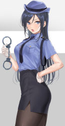 Rule 34 | 1girl, aragaki ayase, black hair, blue eyes, breast pocket, breasts, brown pantyhose, collar, commentary request, cuffs, gloves, grey background, hand on own hip, handcuffs, hat, highres, large breasts, looking at viewer, mexif, ore no imouto ga konna ni kawaii wake ga nai, pantyhose, pocket, police, police hat, police uniform, policewoman, scowl, skirt, solo, uniform