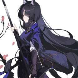 Rule 34 | 1girl, absurdres, animal ears, arknights, black gloves, black hair, cowboy shot, dog ears, dog girl, elbow gloves, facial mark, fingerless gloves, forehead mark, gloves, highres, holding, holding polearm, holding weapon, long hair, looking at viewer, polearm, purple shirt, qtian, saga (arknights), shirt, simple background, solo, very long hair, weapon, white background, yellow eyes