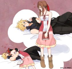 Rule 34 | 1boy, 1girl, aerith gainsborough, bare arms, bed sheet, black gloves, black pants, black skirt, blonde hair, blue eyes, blush, book, book on lap, boots, braid, braided ponytail, breasts, brown hair, closed eyes, cloud strife, collarbone, couple, dress, final fantasy, final fantasy vii, final fantasy vii advent children, full body, gloves, hair between eyes, hair ribbon, halterneck, heart, hetero, high collar, holding another&#039;s wrist, hug, kingdom hearts, kingdom hearts ii, krudears, long hair, looking at another, lying, medium breasts, muscular, muscular male, on back, open book, open collar, open mouth, pants, parted bangs, pink background, pink dress, reclining, red ribbon, ribbon, short hair, sidelocks, skirt, smile, spiked hair, square enix, strap, wavy hair