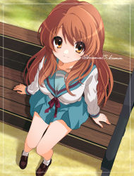 Rule 34 | 1girl, asahina mikuru, bench, blue sailor collar, blue skirt, breasts, brown eyes, brown footwear, brown hair, check commentary, collarbone, commentary request, framed, from above, highres, kita high school uniform, kuuma25 kuma, large breasts, light smile, loafers, long hair, long sleeves, looking at viewer, on bench, red ribbon, ribbon, sailor collar, school uniform, shadow, shirt, shoes, sitting, skirt, socks, solo, suzumiya haruhi no yuuutsu, twitter username, white shirt, white socks