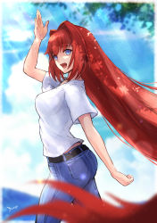 Rule 34 | 1girl, absurdly long hair, absurdres, aozaki aoko, ass, belt, black belt, blue pants, blue sky, breasts, cloud, commentary, day, denim, drizzwryyy, floating hair, hair between eyes, hair intakes, highres, jeans, long hair, looking at viewer, medium breasts, melty blood, melty blood: type lumina, open mouth, pants, pocket, red hair, shirt, short sleeves, signature, sky, smile, solo, sunlight, t-shirt, tree, tsukihime, tsukihime (remake), very long hair, white shirt