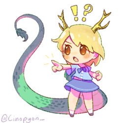Rule 34 | !?, 1girl, black footwear, blonde hair, blue shirt, blush, dragon horns, dragon tail, green tea reimu, grey skirt, horns, kicchou yachie, open mouth, orange eyes, pointing, shirt, shoes, short hair, short sleeves, simple background, skirt, socks, solo, tail, touhou, turtle shell, twitter username, unfinished dream of all living ghost, white background, white socks, yellow horns