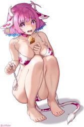 Rule 34 | 1girl, @ @, absurdres, ahoge, animal print, barefoot, bell, bikini, blue hair, breasts, bsapricot, cleavage, collar, cow girl, cow horns, cow print, cowbell, ear tag, fake horns, fake tail, fang, full body, halterneck, highres, horns, idolmaster, idolmaster cinderella girls, large breasts, multicolored hair, neck bell, open mouth, pink hair, print bikini, shadow, short hair, side-tie bikini bottom, simple background, solo, squatting, string bikini, swimsuit, tail, tearing up, twitter username, two-tone hair, white background, yumemi riamu