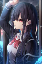 Rule 34 | 1girl, absurdres, bag, black hair, black jacket, blazer, blue flower, bow, bowtie, breasts, collared shirt, flower, highres, jacket, large breasts, long hair, long sleeves, looking at viewer, original, outdoors, parted lips, rain, red bow, red bowtie, red eyes, school bag, school uniform, shirt, solo, tsukasa tsubasa, uniform, white shirt