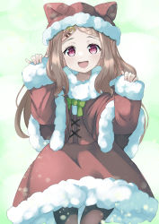 Rule 34 | 1girl, absurdres, aoba kokona, black pantyhose, bow, brown hair, green bow, hair ornament, hairclip, hat, highres, long hair, looking at viewer, open mouth, pantyhose, red eyes, santa costume, simple background, snow, solo, syatiten, yama no susume
