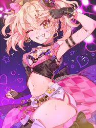 Rule 34 | 1girl, ;d, arm strap, asymmetrical gloves, black footwear, black gloves, boots, bow, bra, breasts, bridal gauntlets, cleavage, cowboy shot, earrings, fingerless gloves, gloves, grin, groin, hair between eyes, hair bow, heart, heart belt, heart earrings, idolmaster, idolmaster cinderella girls, inzup, jewelry, jougasaki mika, long hair, medium breasts, midriff, nail polish, navel, one eye closed, open mouth, pink bow, red nails, short shorts, shorts, silver hair, single glove, smile, solo, standing, standing on one leg, stomach, sweatdrop, thighs, twintails, underwear, uneven gloves, v, white bra, white shorts, yellow eyes