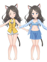 Rule 34 | 1girl, :p, absurdres, aina (mao lian), animal ear fluff, animal ears, bare legs, barefoot, blue bra, blue eyes, blue jacket, blue skirt, blush, bra, breasts, brown hair, cat ears, cat tail, cleavage cutout, clenched teeth, clothing cutout, embarrassed, gluteal fold, highres, jacket, knees together feet apart, long hair, looking at viewer, mao lian (nekokao), miniskirt, multiple views, navel, open clothes, open jacket, original, outstretched arms, shirt, skirt, small breasts, spread arms, tail, teeth, thigh gap, tongue, tongue out, underwear, white background, white skirt, yellow shirt