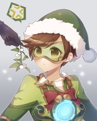 Rule 34 | 1girl, anger vein, bell, bodysuit, bow, bowtie, brown eyes, brown hair, chest harness, christmas, closed mouth, goggles, gradient background, green hat, green jacket, harness, hat, highres, holding, holding mistletoe, jacket, jingle bell, jingle tracer, kaoruru (sakuno2911), matching hair/eyes, mistletoe, official alternate costume, overwatch, overwatch 1, pom pom (clothes), red bow, red bowtie, santa hat, short hair, short sleeves, snowflakes, solo, spoken anger vein, strap, swept bangs, tracer (overwatch), upper body