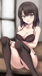 Rule 34 | 1girl, adjusting clothes, adjusting legwear, arm at side, bang dream!, bare arms, bare shoulders, black bra, black hair, black panties, black thighhighs, blue eyes, blurry, blurry background, blush, bra, breasts, cleavage, collarbone, commentary request, feet out of frame, floral print, hair between eyes, hair ornament, hairclip, hand up, highres, indoors, juna (zana lazy), knees up, looking at viewer, medium breasts, medium hair, no shoes, okusawa misaki, panties, parted lips, print bra, sitting, solo, thighhighs, underwear, underwear only