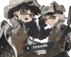 Rule 34 | + +, 2girls, arm up, baseball cap, black footwear, black gloves, black hair, black headwear, blush, boots, callie (splatoon), clothes writing, cowboy shot, earrings, elbow gloves, fangs, female focus, flat chest, gloves, grey hair, hand up, hat, highres, inkling, japanese text, jewelry, kaji (oni atat), light blush, long hair, long sleeves, looking at viewer, marie (splatoon), mole, mole under eye, multiple girls, muted color, nintendo, open mouth, orange overalls, overalls, pointy ears, radio antenna, rope, salmon run (splatoon), shading eyes, shirt, short hair, siblings, simple background, sisters, splatoon (series), splatoon 3, standing, suction cups, swept bangs, teeth, tentacle hair, tentacles, translation request, twintails, white background, white shirt, yellow eyes