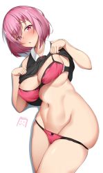 Rule 34 | 1girl, alternate costume, bare shoulders, black bow, black shirt, blush, bow, bow panties, bra, breasts, cameltoe, cleavage, clothes lift, collarbone, collared shirt, commentary, cowboy shot, eyelashes, fate/grand order, fate (series), groin, hair between eyes, head tilt, highres, large breasts, lifted by self, lomocya, looking at viewer, mash kyrielight, midriff, navel, panties, parted lips, pink eyes, pink hair, red bra, red panties, shirt, shirt lift, short hair, signature, simple background, skindentation, sleeveless, sleeveless shirt, solo, standing, stomach, underwear, white background