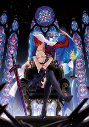 Rule 34 | 1boy, 1girl, artoria pendragon (all), artoria pendragon (fate), bare shoulders, black dress, black gloves, blonde hair, blue cape, breasts, cape, chair, closed mouth, crossed legs, dress, elbow gloves, emiya shirou, excalibur morgan (fate), fate/grand order, fate/stay night, fate (series), gloves, high heels, highres, looking at another, looking at viewer, magic circuit, on chair, orange eyes, otama (atama ohanabatake), red hair, saber (fate), saber alter, senji muramasa (fate), short dress, short hair, single bare shoulder, sitting, small breasts, sword, thighhighs, two-tone cape, weapon, white cape, yellow eyes