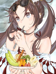 Rule 34 | 1girl, bare shoulders, bikini, breasts, brown hair, cleavage, collarbone, earrings, eyewear on head, fate/grand order, fate (series), food, fruit, grey eyes, hair ornament, jewelry, kakao choko, kiwi (fruit), long hair, looking to the side, medium breasts, melon, melon slice, multiple earrings, open clothes, robe, solo, sunglasses, swimsuit, twintails, very long hair, white bikini, yu mei-ren (fate), yu mei-ren (swimsuit lancer) (fate)