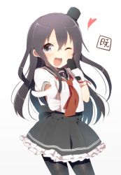 Rule 34 | 10s, 1girl, akatsuki (kancolle), anchor symbol, character name, frilled skirt, frills, gloves, harusawa, hat, heart, holding, holding microphone, kantai collection, long hair, microphone, mini hat, mini top hat, neckerchief, one eye closed, open mouth, outstretched arm, pantyhose, pointing, purple eyes, purple hair, red neckerchief, school uniform, serafuku, short sleeves, skirt, smile, solo, top hat