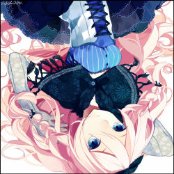 Rule 34 | 1girl, bad id, bad pixiv id, braid, corset, cross-laced clothes, cross-laced corset, elbow gloves, fen renlei, gloves, ia (vocaloid), long hair, looking at viewer, pink hair, solo, twin braids, upside-down, vocaloid