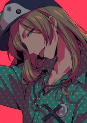Rule 34 | 1boy, asada hachi, banned artist, baseball cap, blonde hair, buttons, collarbone, collared shirt, commentary, cross, green shirt, hat, head tilt, highres, long hair, looking at viewer, male focus, okinaga zenya, polka dot, polka dot shirt, red background, rosary, shirt, simple background, solo, sweet pool, tongue, tongue out, twitter username, upper body, watermark, yellow eyes
