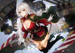 Rule 34 | 1girl, artnohearts, azur lane, black footwear, black skirt, blunt bangs, blush, braid, breasts, cleavage, cloak, closed mouth, dress, epaulettes, gloves, grey eyes, grey hair, high heels, holding, large breasts, long hair, looking at viewer, open mouth, pleated skirt, red dress, shoes, sidelocks, skirt, solo, sword, thighhighs, turret, uniform, v, very long hair, vittorio veneto (azur lane), weapon, white gloves