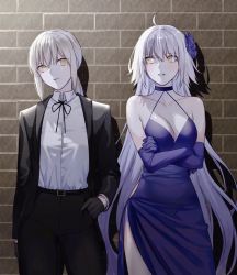 Rule 34 | 2girls, ahoge, artoria pendragon (all), artoria pendragon (fate), bad id, bad pixiv id, bare shoulders, belt, black gloves, black jacket, black neckwear, black pants, breasts, brick wall, choker, cleavage, closed mouth, collarbone, collared shirt, cowboy shot, crossed arms, dress, dress shirt, elbow gloves, eyes visible through hair, fate/grand order, fate (series), flower, gloves, hair between eyes, hair flower, hair ornament, jacket, jeanne d&#039;arc (fate), jeanne d&#039;arc alter (avenger) (fate), jeanne d&#039;arc alter (fate), large breasts, long hair, looking to the side, low ponytail, multiple girls, nipi27, official alternate costume, open clothes, open jacket, pale skin, pants, parted lips, purple dress, purple gloves, saber alter, shirt, sidelocks, silver hair, standing, thighs, very long hair, white shirt, yellow eyes