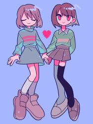 Rule 34 | 2others, androgynous, arm behind back, artist request, black thighhighs, blue background, blue skirt, blue sweater, brown footwear, brown hair, brown skirt, chara (undertale), check translation, closed eyes, commentary, frisk (undertale), green shirt, heart, highres, holding hands, kneehighs, long sleeves, looking up, mejiro (mejiro3333), multicolored clothes, multicolored legwear, multiple others, parted hair, pixel heart, pleated skirt, red eyes, shirt, shoes, short hair, simple background, skirt, smile, socks, striped clothes, striped shirt, striped sweater, sweater, swept bangs, thighhighs, translation request, undertale, white socks, white thighhighs
