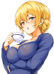 Rule 34 | 10s, 1girl, blonde hair, blue eyes, blue sweater, blush, braid, breast hold, breasts, cup, darjeeling (girls und panzer), from below, girls und panzer, highres, impossible clothes, kyokucho, large breasts, lips, looking at viewer, naked sweater, parted lips, school uniform, short hair, solo, sweater, teacup, twin braids, upper body, v-neck