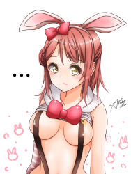 Rule 34 | ..., 1girl, animal ears, animal print, arm warmers, artist name, artist request, bare shoulders, blush, bow, bowtie, braid, braided bun, breasts, buttons, close-up, cowboy shot, crescent moon, crescent moon symbol, cropped vest, detached sleeves, exciting animal (love live!), fake animal ears, female focus, fur trim, green eyes, hair bow, hair bun, hairband, highres, hood, hooded vest, hoodie, looking at viewer, love live!, love live! nijigasaki high school idol club, love live! school idol festival, love live! school idol festival all stars, medium breasts, moon, orange hair, parted lips, pink bow, pink shirt, rabbit ears, rabbit print, rabbit tail, red bow, red hair, shirt, short hair, side bun, single detached sleeve, single side bun, sleeveless, sleeveless hoodie, smile, solo, suspenders, tail, uehara ayumu, upper body, vest, vest lift, white hairband, white hoodie, white vest, yellow eyes