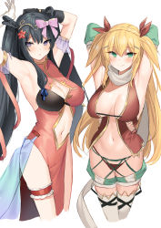 Rule 34 | 2girls, akagi kurage, armpits, arms up, bare shoulders, black hair, blonde hair, braid, breasts, character request, cleavage, cleavage cutout, clothing cutout, dress, french braid, gold trim, green eyes, hair ornament, hairclip, highres, large breasts, bridal garter, long hair, looking at viewer, medium breasts, multiple girls, navel, navel cutout, panties, pelvic curtain, purple eyes, red dress, revealing clothes, sennen sensou aigis, sleeveless, sleeveless dress, smile, stomach, string panties, thighhighs, thighs, twintails, two side up, underwear, very long hair, white legwear