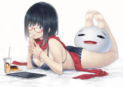 Rule 34 | 1girl, :o, ball, bare shoulders, barefoot, bikini, black hair, blue eyes, blush, breasts, cleavage, cup, doughnut, feet, feet up, food, glasses, izumi sai, legs up, lying, medium breasts, on stomach, open mouth, original, red-framed eyewear, red scarf, scarf, short hair, soles, solo, steepled fingers, striped bikini, striped clothes, swimsuit, tablet pc, the pose, toes