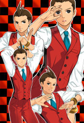 Rule 34 | 1boy, ace attorney, ahoge, apollo justice, apollo justice: ace attorney, aqua necktie, arms up, bracelet, brown eyes, brown hair, checkered background, ee0418, jewelry, looking at viewer, male focus, multiple views, necktie, open mouth, red vest, vest