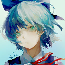 Rule 34 | 1girl, :&lt;, absurdres, aqua eyes, blue bow, blue hair, bow, chinese commentary, cirno, collared shirt, commentary request, cui (jidanhaidaitang), hair bow, highres, light blue background, looking at viewer, neck ribbon, portrait, red ribbon, ribbon, serious, shirt, short hair, signature, solo, touhou, white shirt