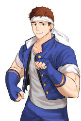 Rule 34 | 1boy, bara, blue gloves, brown hair, bulge, character request, collarbone, collared jacket, copyright request, cowboy shot, denim, fingerless gloves, gloves, grey shirt, headband, highres, jacket, jeans, male focus, pants, shirt, short hair, sleeves rolled up, smile, solo, toned, toned male, white background, yeon (leyonkim)