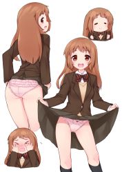 Rule 34 | &gt; &lt;, 1girl, :&gt;, :d, a channel, ass, bad id, bad pixiv id, black jacket, black skirt, black socks, blazer, blush, bow, bow panties, bowtie, breasts, brown eyes, brown hair, character request, chibi, clenched hands, closed eyes, clothes lift, collared shirt, embarrassed, flying sweatdrops, frilled panties, frills, hands on own cheeks, hands on own face, heart, highres, jacket, kneehighs, long hair, long sleeves, looking at viewer, motion lines, multiple views, nose blush, open mouth, panties, pink panties, pleated skirt, profile, school uniform, shirt, sideways mouth, skirt, skirt lift, small breasts, smile, socks, standing, striped bow, striped bowtie, striped clothes, striped neckwear, sweater vest, underwear, wavy mouth, white background, white shirt, wing collar, yoi naosuke
