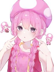 Rule 34 | 1girl, braid, commentary, highres, humanization, long hair, mario (series), nintendo, pink eyes, pink hair, pink headwear, pointing, pointing at self, r aa3n, simple background, sleeveless, solo, toadette, twin braids, white background