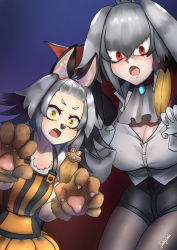 Rule 34 | 2girls, alternate costume, alternate eye color, animal ears, animal hands, animal nose, bangs pinned back, bat ears, bat hair ornament, breasts, cape, claw pose, commentary, dual persona, english commentary, fake animal ears, fang, fangs, forehead, gloves, grey hair, hair between eyes, hair ornament, hairband, halloween, halloween costume, head wings, highres, john (a2556349), kemono friends, large breasts, looking at viewer, multiple girls, open mouth, pantyhose, paw gloves, paw hair ornament, red eyes, shirt, shoebill (kemono friends), short hair, signature, single sidelock, white gloves, white shirt, wings, yellow eyes