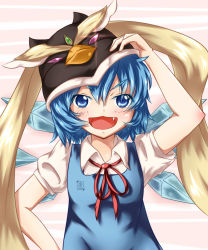 Rule 34 | 1girl, arm up, blue dress, blue eyes, blue hair, bow, circled 9, cirno, cosplay, dress, fang, gpbeta, hair bow, hand on own hip, highres, hip focus, ice, ice wings, mask, matching hair/eyes, mawaru penguindrum, open mouth, ribbon, short hair, simple background, solo, touhou, wings