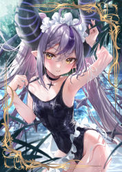 Rule 34 | 1girl, ahoge, arm up, armpits, black choker, black one-piece swimsuit, choker, closed mouth, highres, hololive, horns, la+ darknesss, long hair, looking at viewer, misekiss, multicolored hair, one-piece swimsuit, purple hair, school swimsuit, silver hair, solo, streaked hair, striped horns, swimsuit, thighs, very long hair, virtual youtuber, wet, yellow eyes