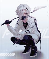 Rule 34 | 1boy, adam&#039;s apple, aki (xxparadexx), arm rest, black footwear, black pants, blade, clothes writing, covered mouth, eyebrow piercing, fake horns, full body, gloves, grey background, hair over one eye, half gloves, highres, holding, holding weapon, horns, jacket, long sleeves, looking at viewer, male focus, mask, muzzle, one eye covered, original, pants, pants under shorts, piercing, red eyes, resolution mismatch, shoes, shorts, sneakers, solo, source larger, squatting, toggles, track jacket, track suit, v, wavy hair, weapon, white hair, white jacket, white shorts