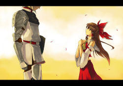 Rule 34 | 1boy, 1girl, armor, ascot, bow, brown hair, buront, crossover, detached sleeves, elf, elvaan, fate/stay night, fate (series), final fantasy, final fantasy xi, hair bow, hakurei reimu, height difference, japanese clothes, letterboxed, long hair, looking up, miko, parody, pointy ears, shield, short hair, silver hair, sisamo, size difference, the iron of yin and yang, touhou