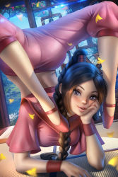 Rule 34 | 1girl, ass, avatar: the last airbender, avatar legends, ayya sap, braid, braided ponytail, brown hair, eyelashes, flexible, falling leaves, lens flare, light blush, looking at viewer, pink footwear, pinup (style), smile, solo, top-down bottom-up, ty lee, wristband