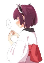 Rule 34 | 1girl, absurdres, blush, brown hair, commentary, from behind, headgear, highres, japanese clothes, kimono, looking at viewer, looking back, obi, open mouth, own hands together, sash, short hair, short twintails, solo, speech bubble, steepled fingers, touhoku kiritan, twintails, upper body, voiceroid, white background, white kimono, yakata tata