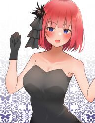 Rule 34 | 1girl, :d, alternate costume, alternate hairstyle, animal print, bare shoulders, black bow, black dress, black gloves, blue eyes, blush, bow, breasts, butterfly print, cleavage, collarbone, commentary request, curvy, dress, eyelashes, fang, gloves, go-toubun no hanayome, hair bow, hands up, happy, highres, kakato 0, large breasts, looking at viewer, medium hair, nakano nino, open mouth, red hair, simple background, skin fang, smile, solo, straight hair, strapless, strapless dress, upper body, w arms, white background