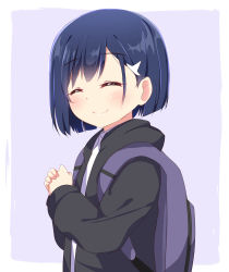 Rule 34 | 10s, 1girl, absurdres, backpack, bag, black hoodie, blue hair, blush, closed eyes, closed mouth, collared shirt, darling in the franxx, facing viewer, hair between eyes, hair ornament, highres, hood, hood down, hoodie, ichigo (darling in the franxx), ikazu401, long sleeves, open clothes, open hoodie, own hands together, purple background, shirt, smile, solo, two-tone background, white background, white shirt