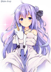 Rule 34 | 1girl, ahoge, azur lane, bare shoulders, black ribbon, blush, breasts, cleavage, closed mouth, collarbone, commentary request, criss-cross halter, dress, elbow gloves, gloves, hair bun, hair ribbon, halterneck, long hair, medium breasts, hugging object, one side up, pantyhose, purple eyes, purple hair, ribbon, side bun, single hair bun, single side bun, smile, solo, sou (soutennkouchi), sparkle, stuffed animal, stuffed toy, stuffed winged unicorn, twitter username, unicorn (azur lane), very long hair, white dress, white gloves, white pantyhose